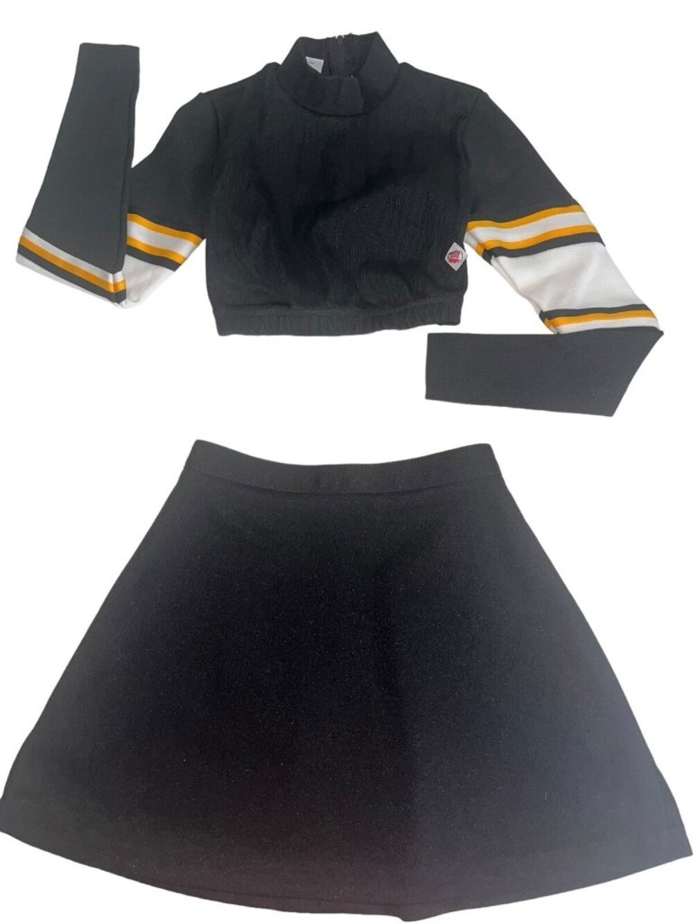 Girls Cheerleader Uniform Outfit Costume Crop Top 30" Skirt 24" Black Gold White